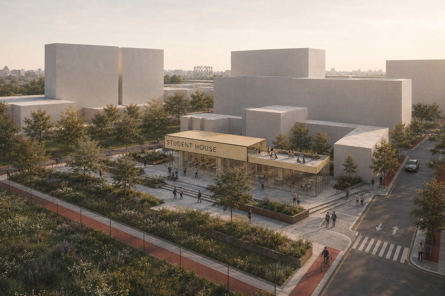 Site 2 — perspective view of the activated node along the promenade axis, with landscaped public space fronting the programme mix